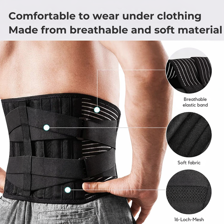 Shirtless man wearing the black lumbar support belt.