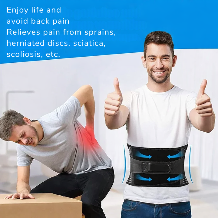 Man wearing the belt giving two thumbs up beside another man bent over in back pain.