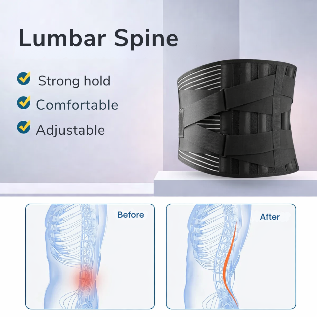 Black lumbar support belt on a white pedestal with spine illustrations showing lower back relief.