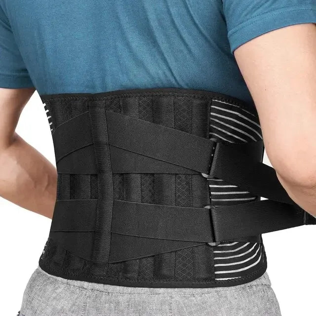 Black lumbar support belt worn on the back with crossed elastic straps and striped side panels.