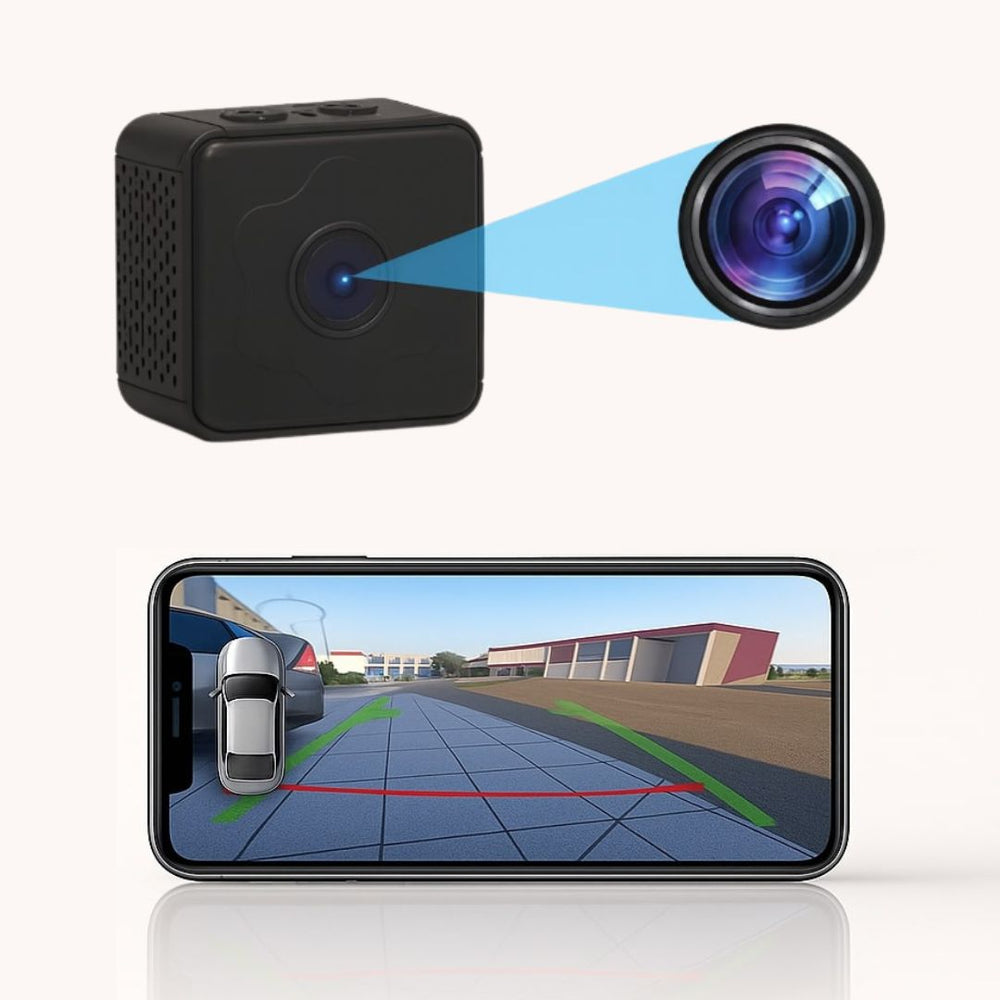 Wireless Magnetic Backup Camera with Night Vision for Cars, RVs and Trailers, detail of the black cube camera beside a phone screen.