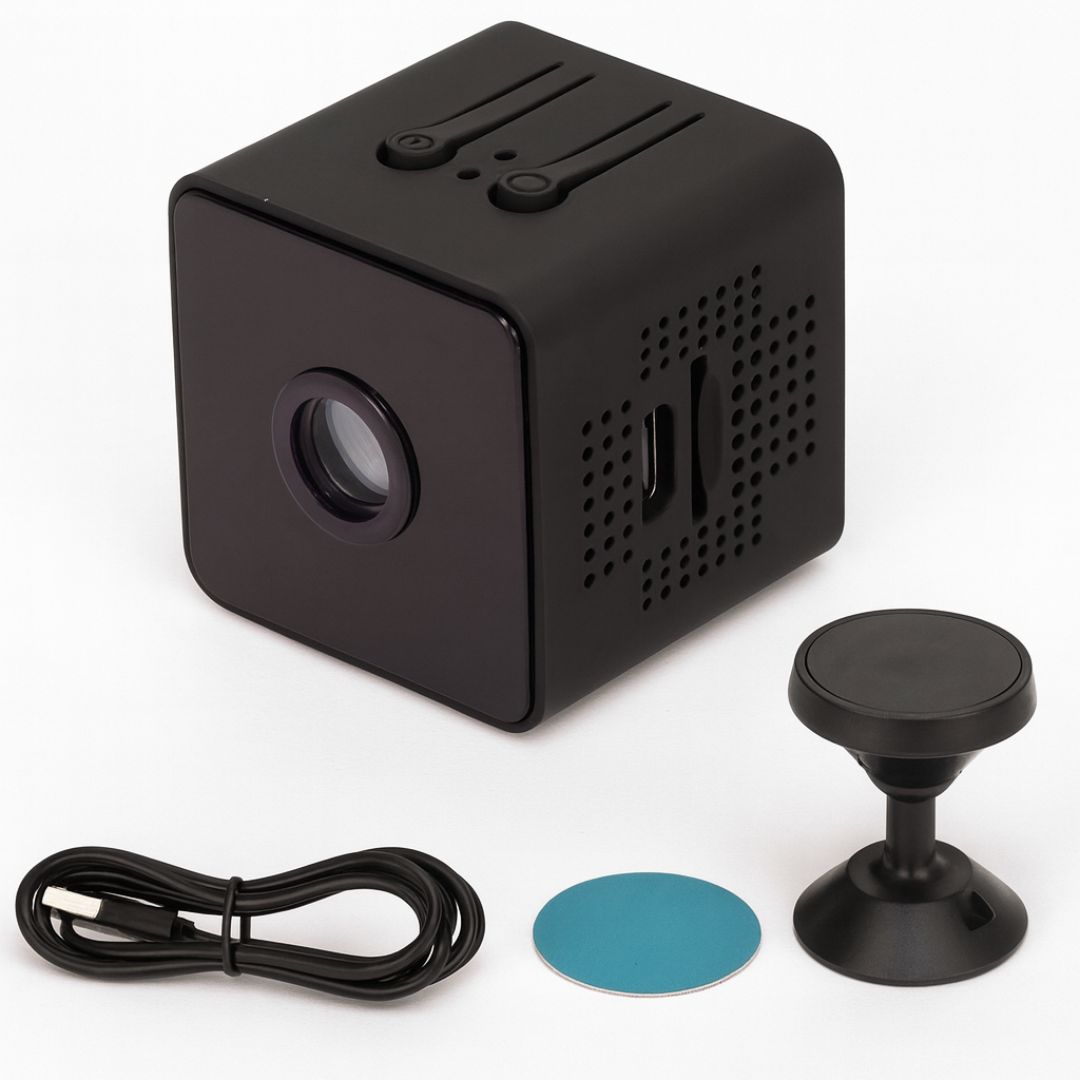 Wireless Magnetic Backup Camera with Night Vision for Cars, RVs and Trailers with USB cable, blue adhesive disc and magnetic mount.