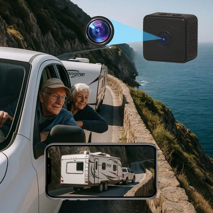 Wireless Magnetic Backup Camera with Night Vision for Cars, RVs and Trailers shown over a pickup truck towing a travel trailer.