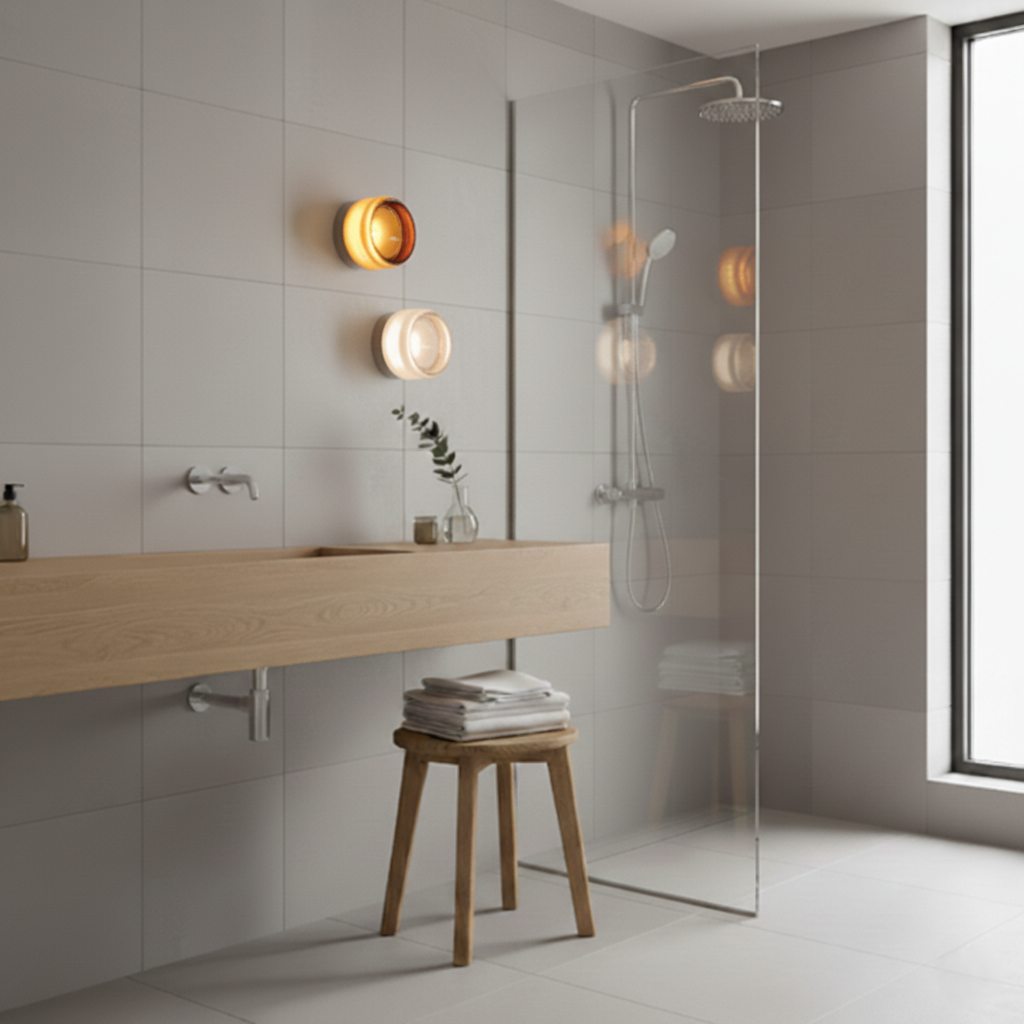 Two round glass wall lights in amber and clear above a wooden washbasin shelf.