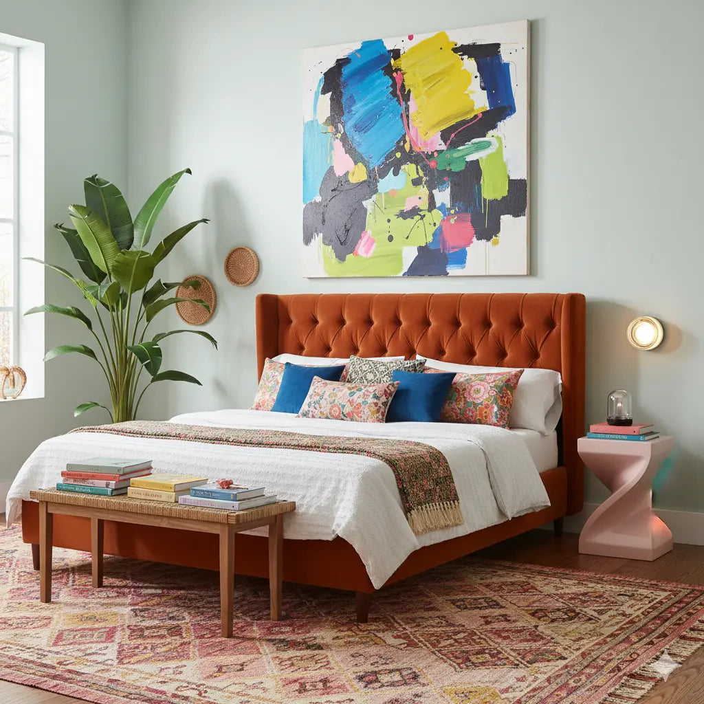 Round glass wall light detail beside a rust velvet bed in a colorful bedroom.