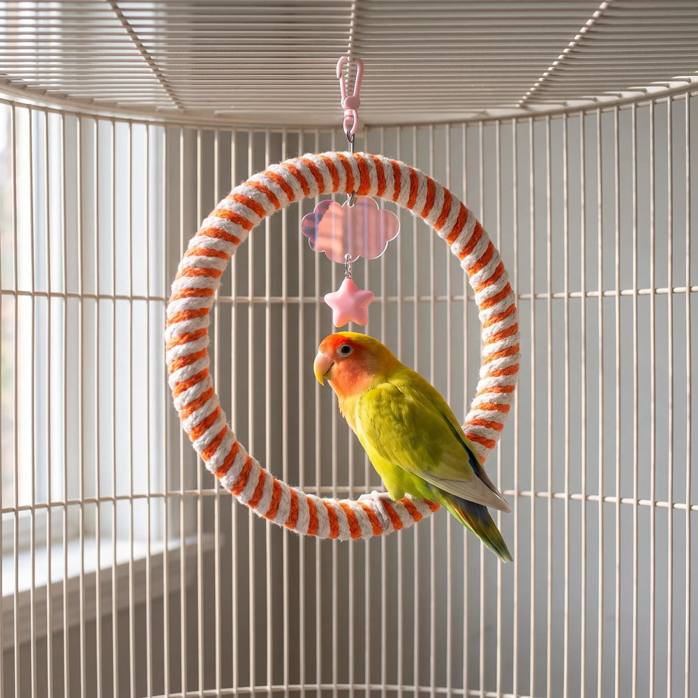 Orange and white rope ring swing hanging inside a cage, with a peach-faced lovebird perched on the bottom of the ring. 2