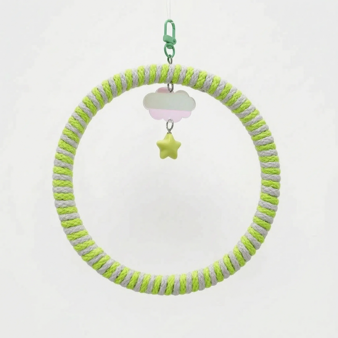 Ring swing in a green and gray striped rope version, with a green clasp, cloud charm and yellow-green star bead. 4