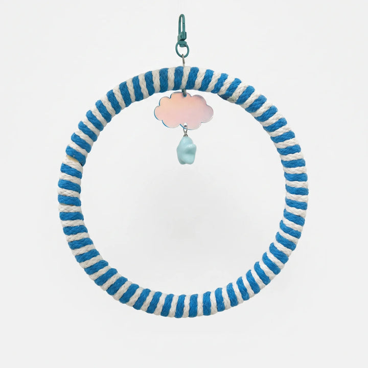 Ring swing wrapped in blue and white striped rope, hanging from a teal clasp with an iridescent cloud and light blue bead. 5