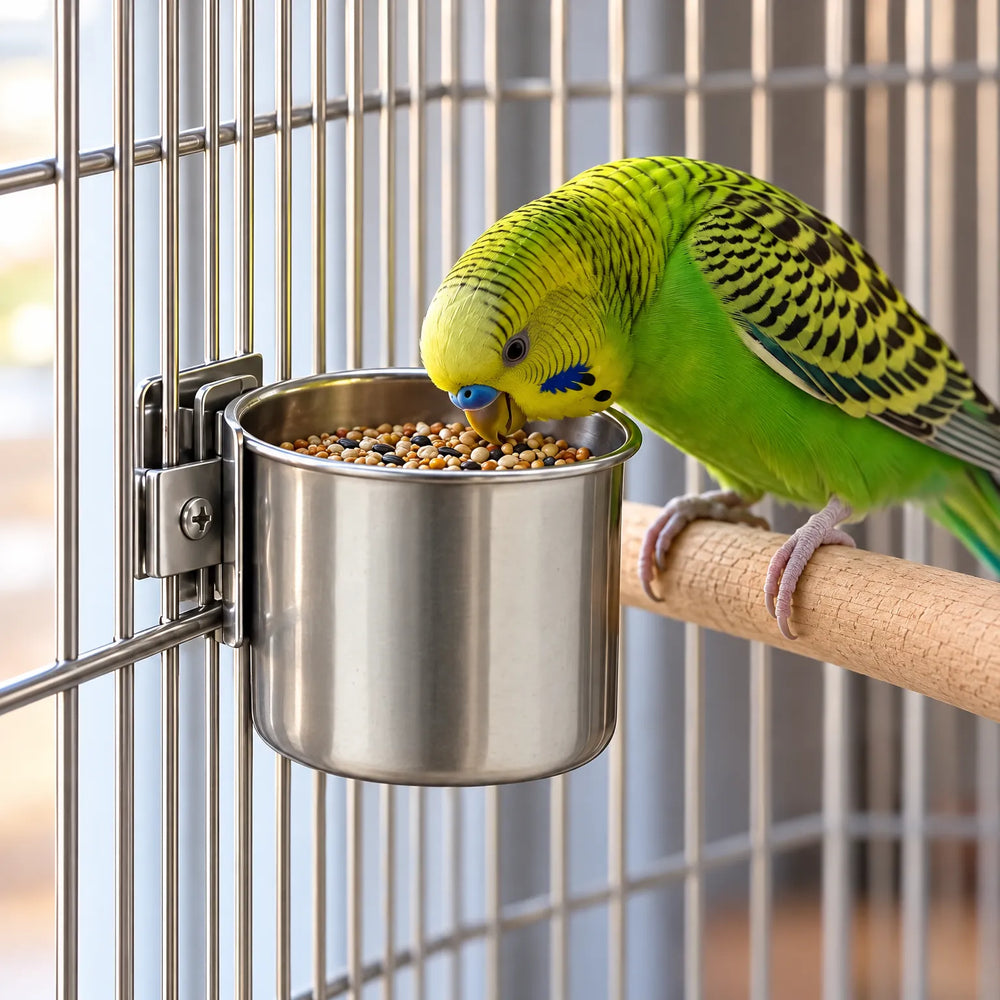 A green and yellow budgie eats seed from a steel cup attached to the wire bars of a cage. 2