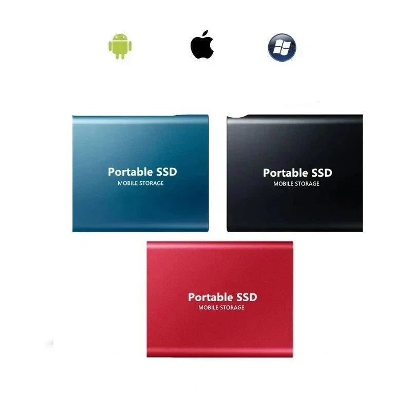 Black portable SSDs shown flat from above in a row, another view.