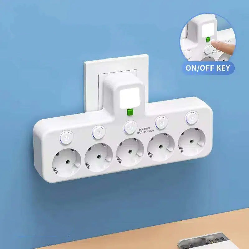 White wall-mounted power strip with five outlets, each with its own switch, and a night light on top, with an inset showing the on/off key. 23