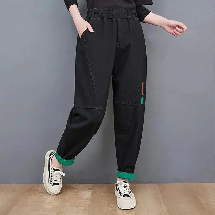 Damen schwarze Jogginghose, elastischer Bund, lässig, Baumwolle, Streetwear, Mode.