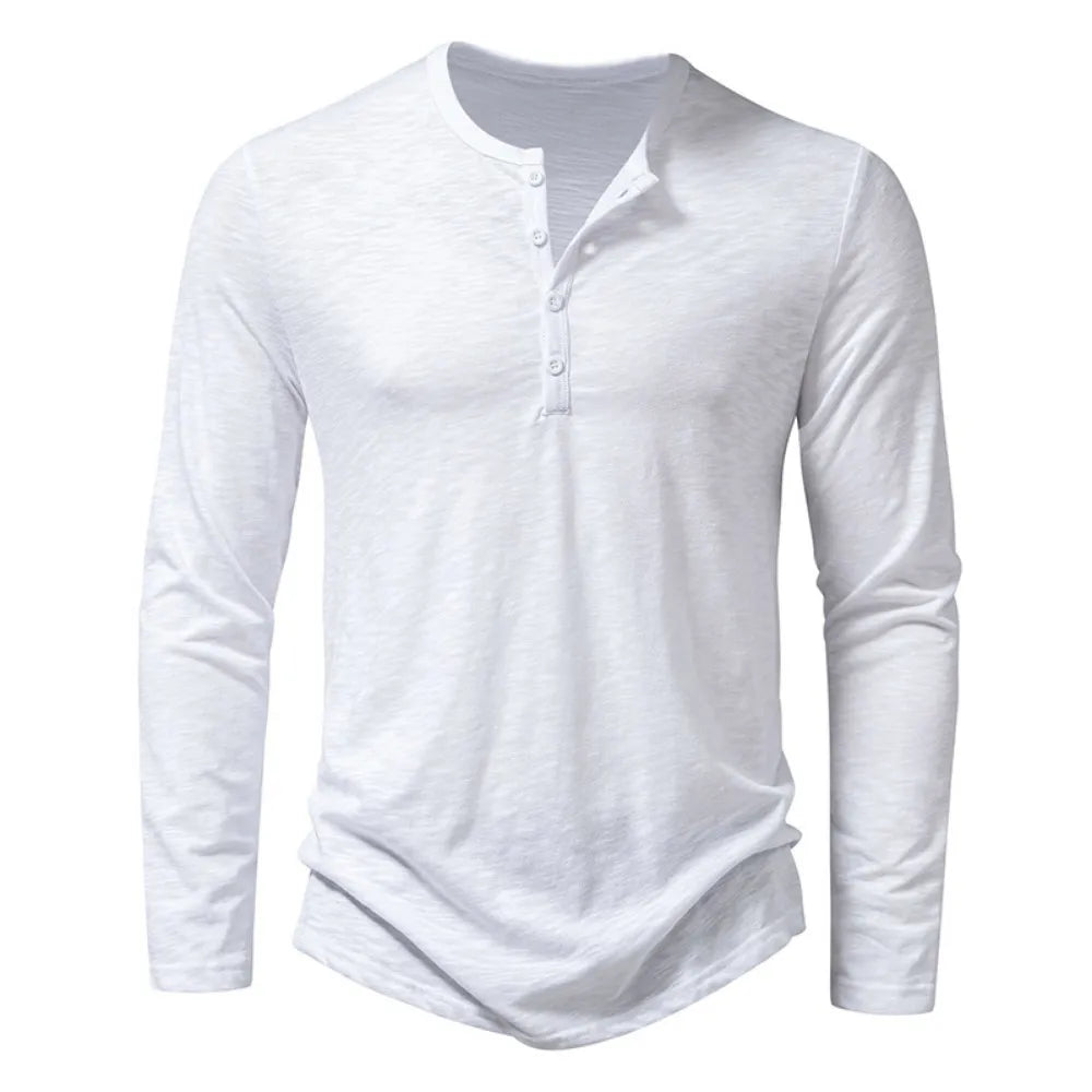 Front view of the long-sleeve Henley in white with a four-button placket 9