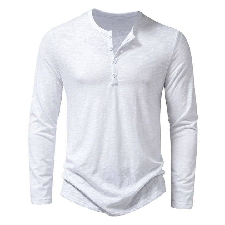 Front view of the long-sleeve Henley in white with a four-button placket 9