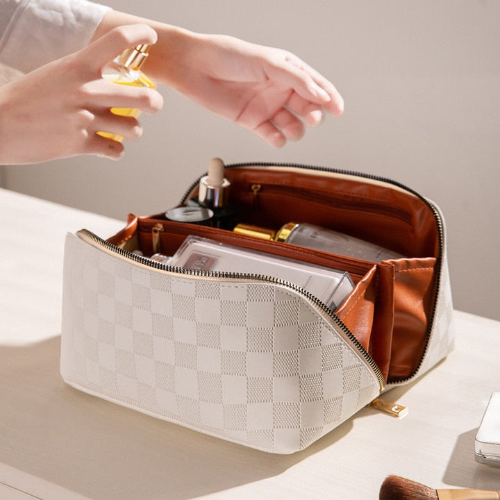 PU leather cosmetic bag with compartments – LuxeCarry
