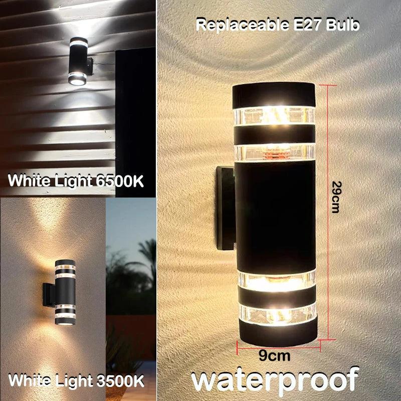 Tall black cylindrical wall sconce detail with size markings and light examples.