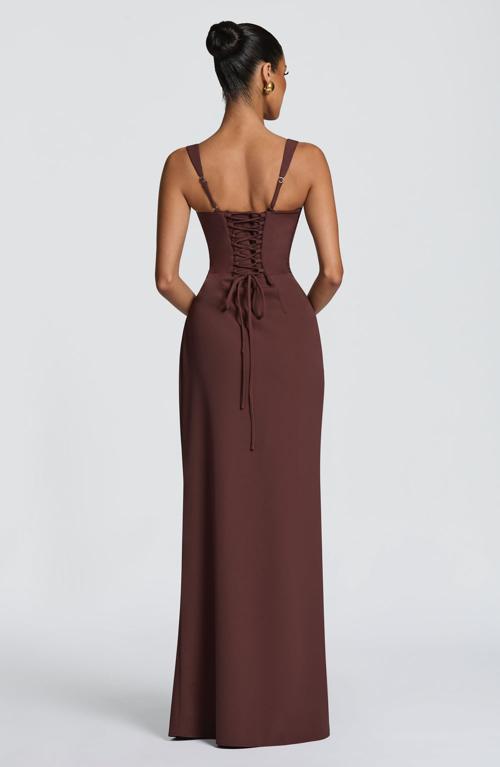 Brown Camille Maxi Dress back view with corset lace-up closure and thin adjustable straps.