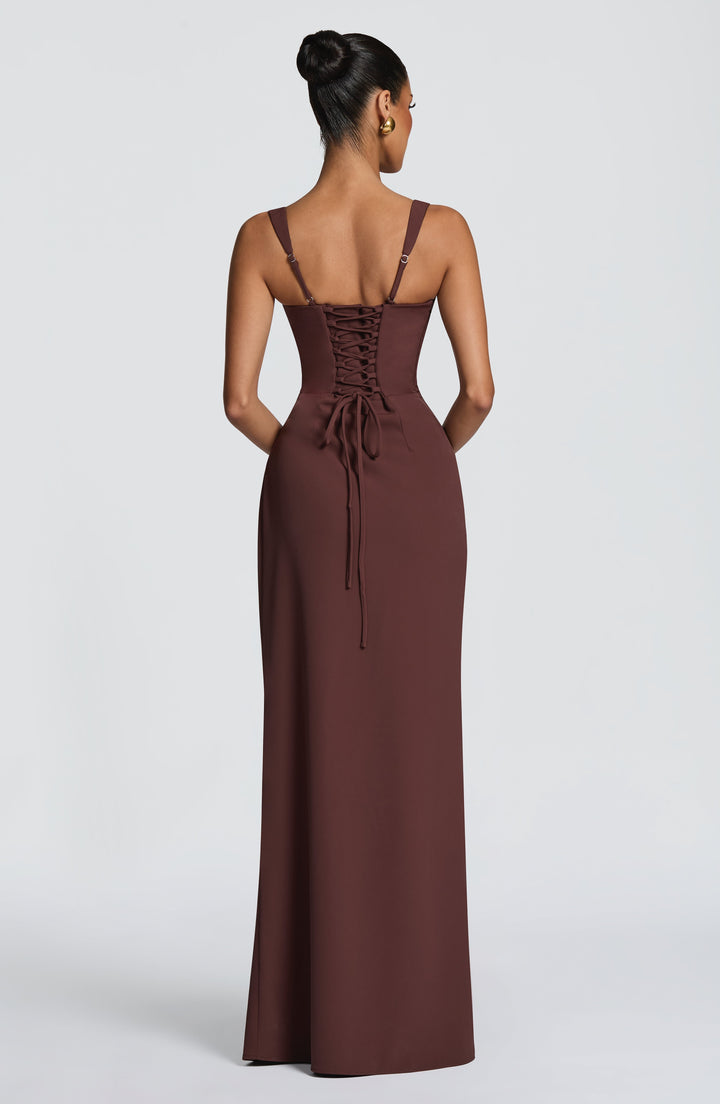 Brown Camille Maxi Dress back view with corset lace-up closure and thin adjustable straps.