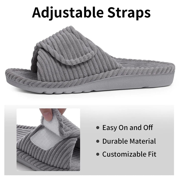 Gray corduroy slipper with a hook-and-loop strap, plus an inset of a hand lifting the strap and a list of adjustable-fit benefits.