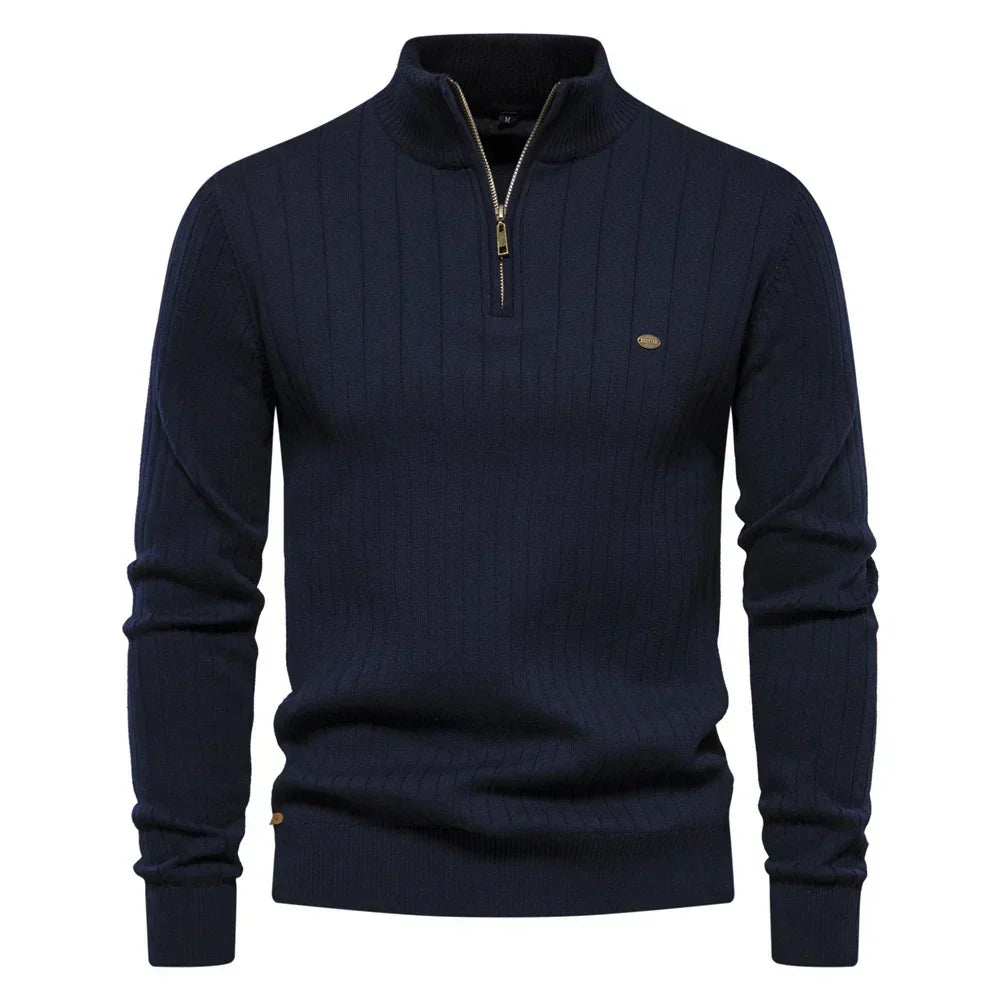 Men's cotton knit sweater with zipper & stand-up collar – Ardel