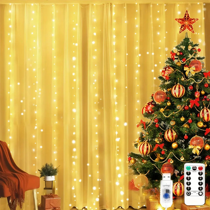 Warm white curtain lights glowing behind sheer curtains beside a decorated Christmas tree, with the remote and USB controller in front. 3