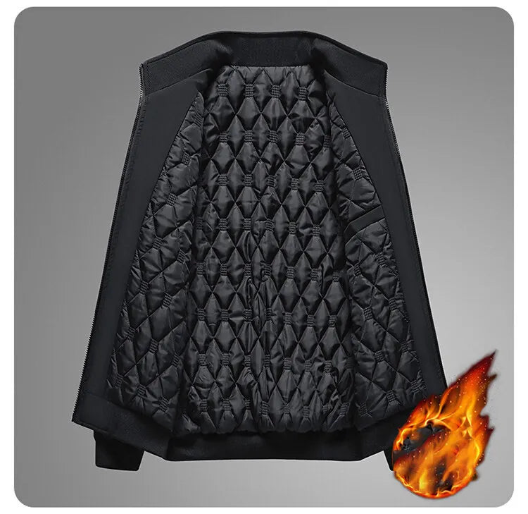 Inside view of the black jacket laid open, showing the full diamond-quilted lining and an inner pocket, with a flame graphic nearby. 9