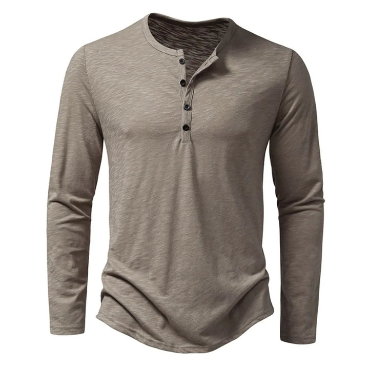 Front view of a long-sleeve four-button Henley in taupe with a subtle slub texture 1