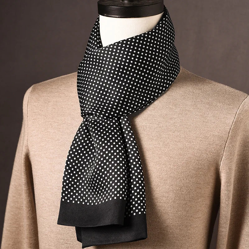 Men's black silk scarf with white polka dots and a plain black border