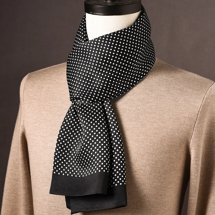 Men's black silk scarf with white polka dots and a plain black border