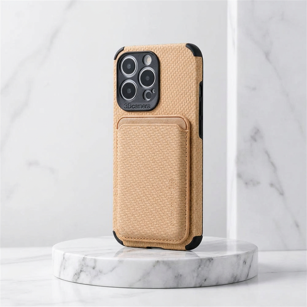 Tan woven-texture phone case with card pocket standing on a round marble platform 3