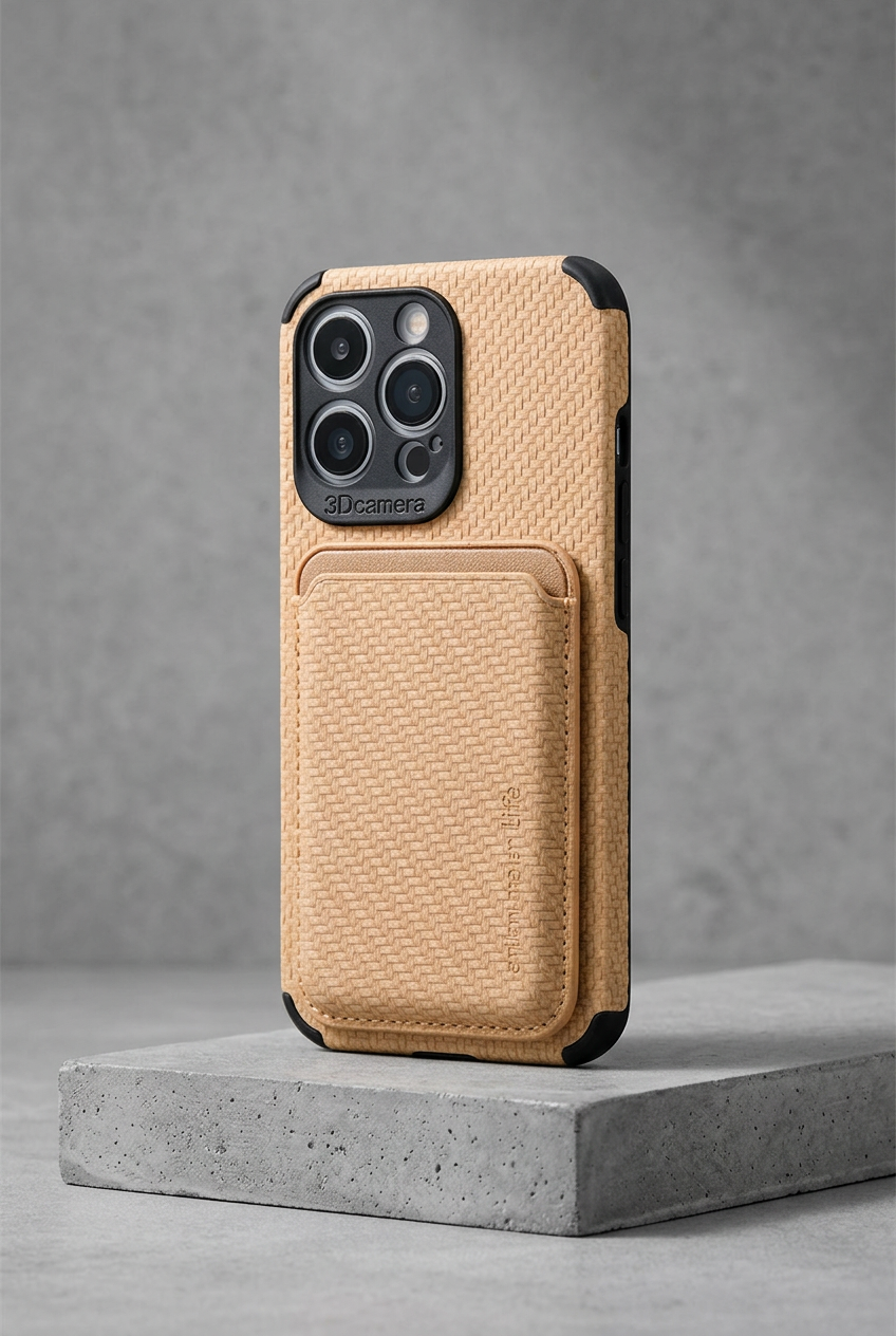 Tan woven-texture case with card pocket and black corners, standing on a concrete block 2