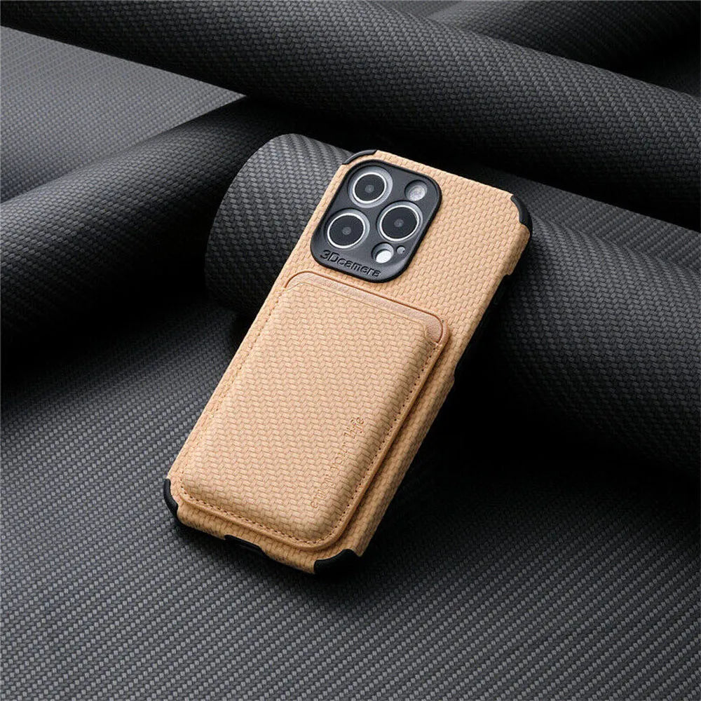 Beige case with woven texture and attached card pocket, shown on dark gray fabric 6