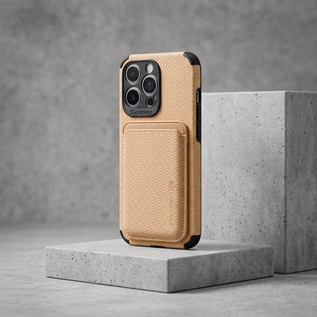 Tan carbon-textured case with card pocket standing on gray concrete blocks, shown from the back 3