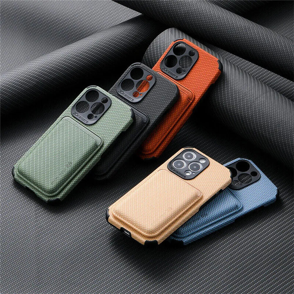 Five textured phone cases with attached card wallets in green, black, orange, beige and blue on dark woven fabric 1