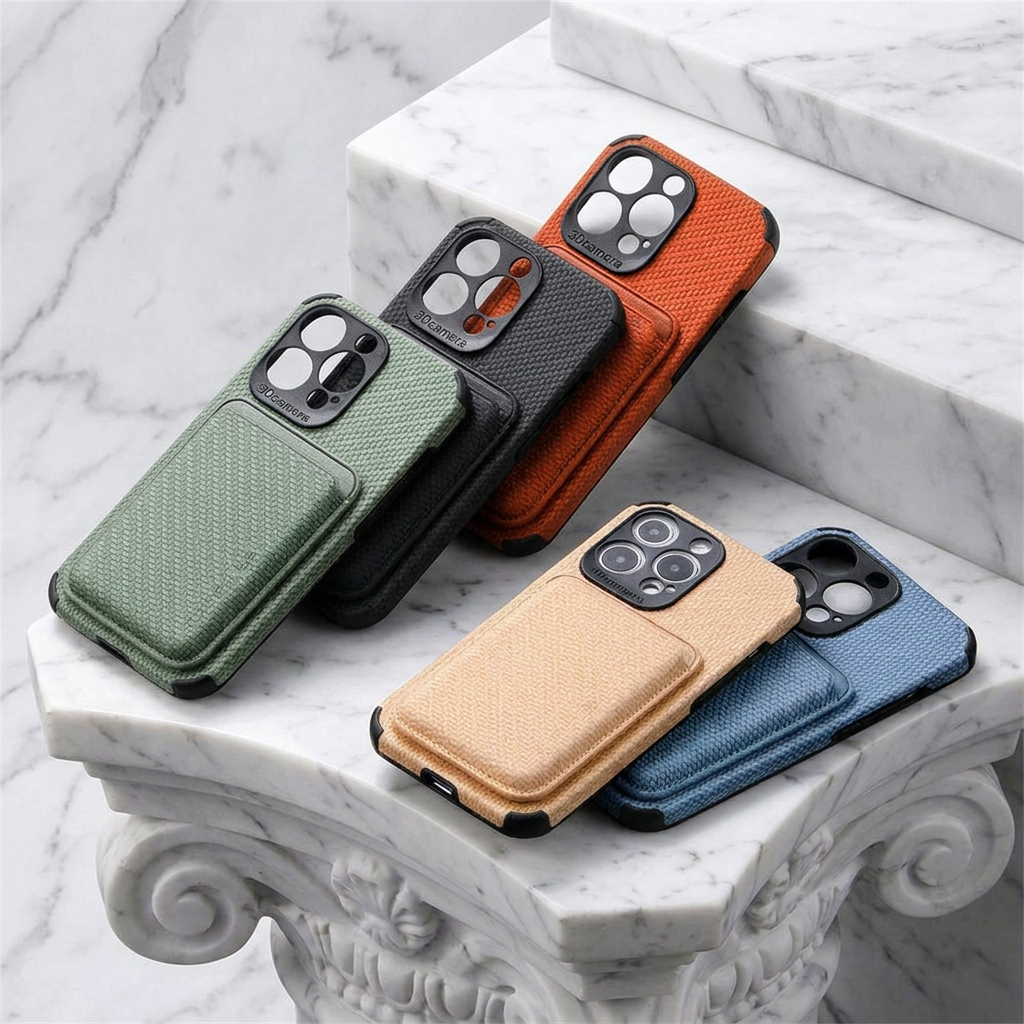 Five woven-texture phone cases with card pockets in green, black, orange, tan and blue on marble steps 2