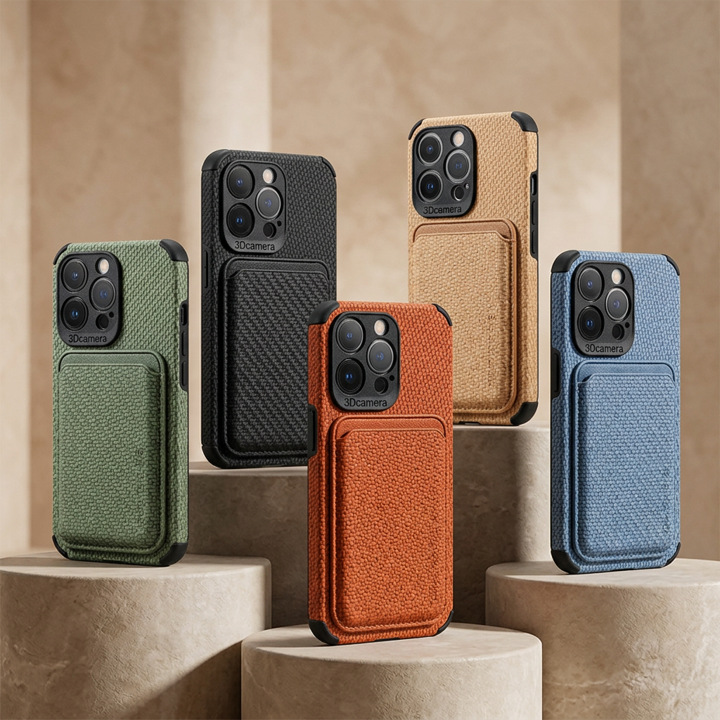 Five textured phone cases in green, black, tan, orange and blue, standing on beige stone pedestals 1
