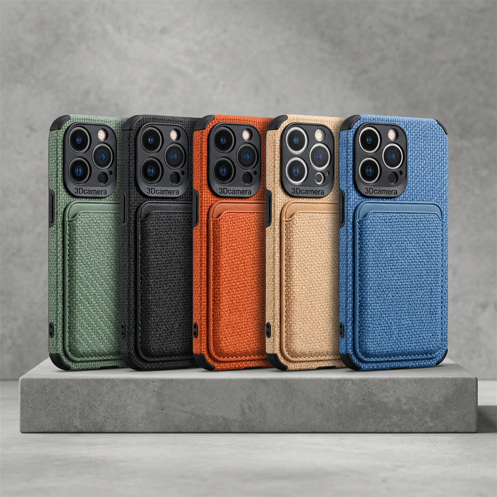 Five phone cases in green, black, orange, tan and blue lined up on a concrete block 2