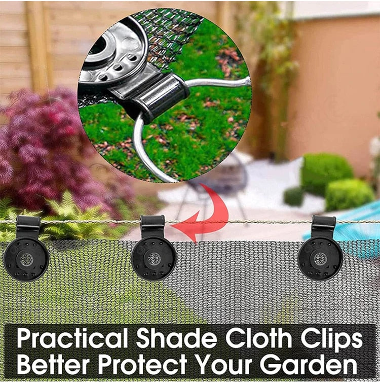 Black round clips grip a dark shade cloth along a rope in a garden, with a circular inset magnifying one clip.