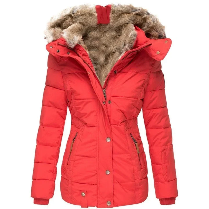 Bright red quilted parka with fur-lined hood, front view, snap buttons and ribbed cuffs 4