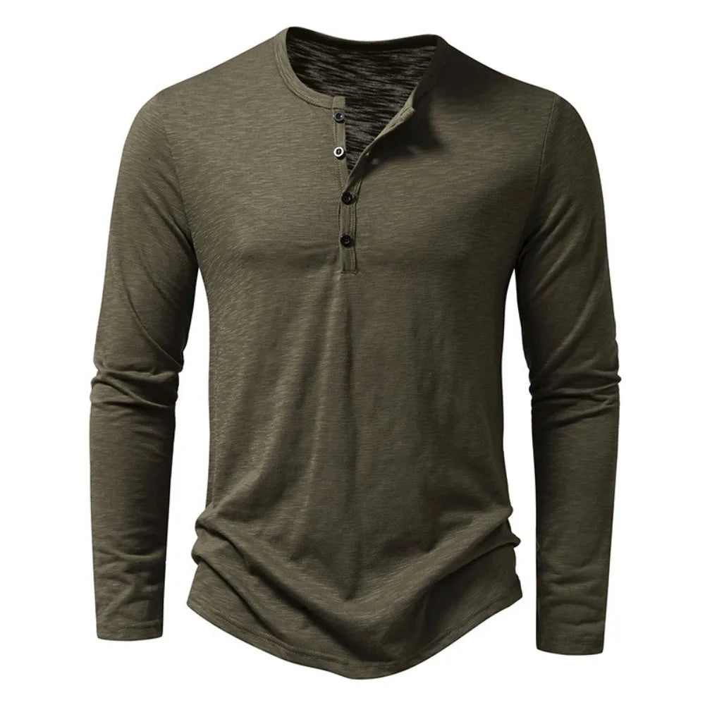 Front view of the long-sleeve Henley in olive green with a four-button placket 4