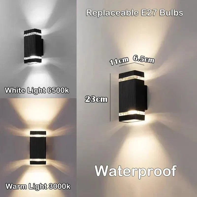 Short black rectangular wall sconce detail with E27 bulb note and size markings.