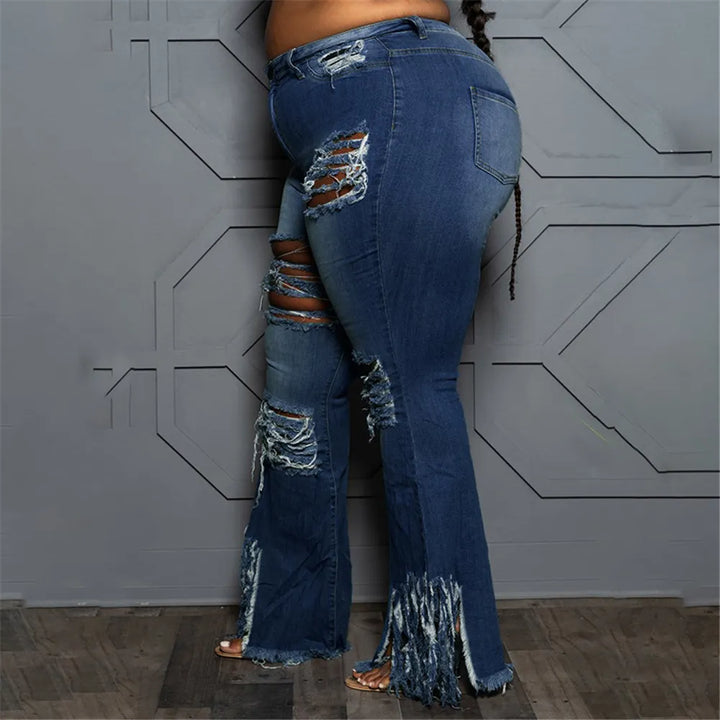 Damen-Jeans, zerrissen, blau, Plus-Size, modisch, lässig, Denim, hohe Taille.