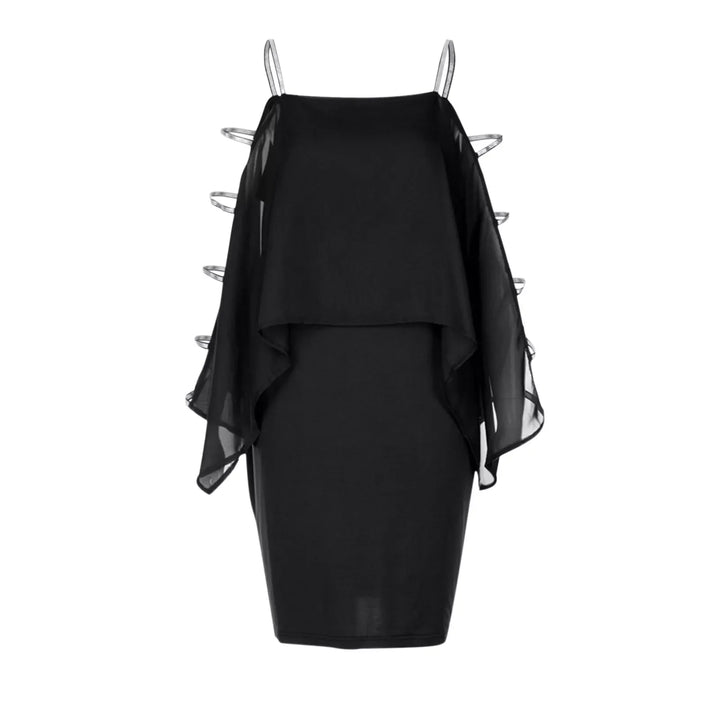 Schwarzes Chiffon-Kleid mit Spaghettiträgern und asymmetrischem Overlay, elegant und modern.