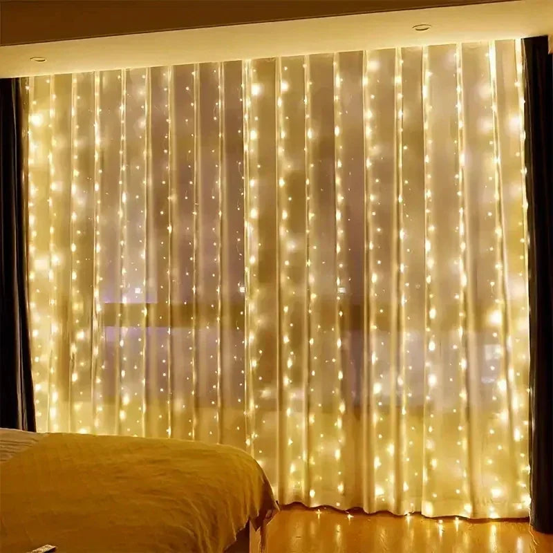 Warm white curtain lights glowing in front of sheer curtains in a bedroom, casting a soft golden light. 8