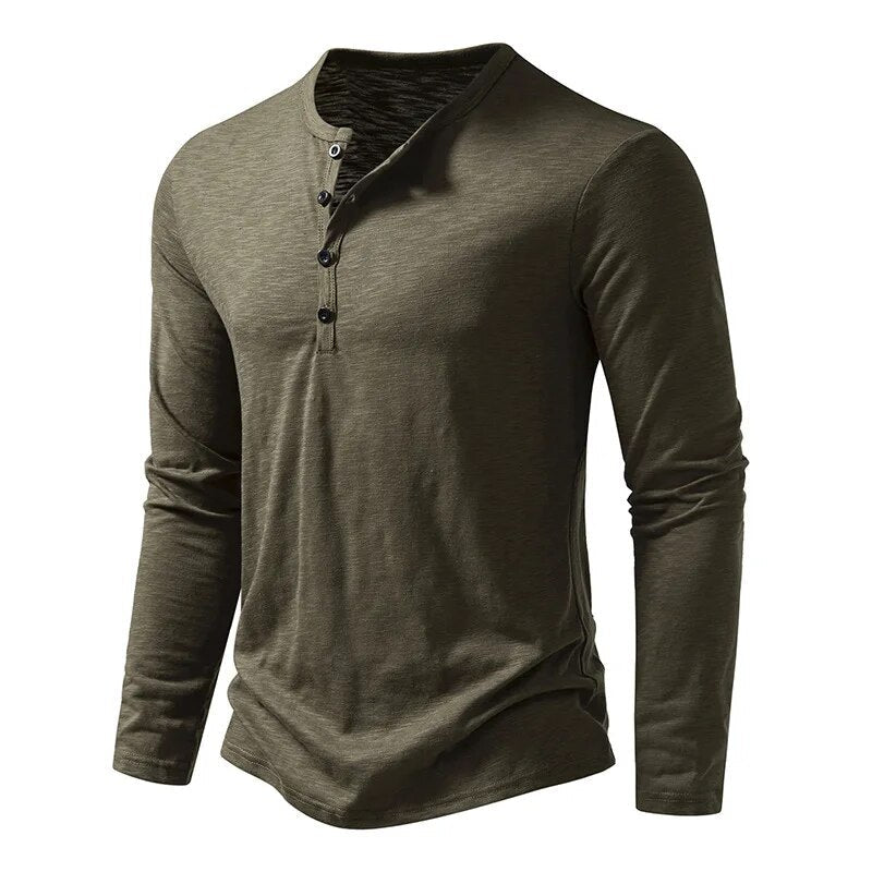 Angled front view of the olive green long-sleeve Henley showing the buttons and fitted sleeves 5