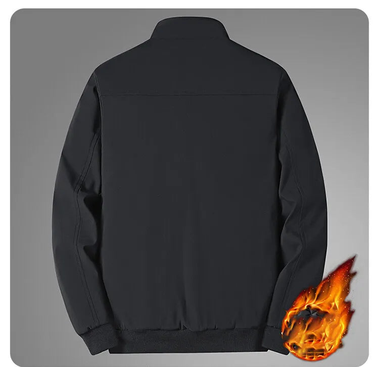 Back view of the black jacket showing the plain panel with a yoke seam, stand collar and ribbed hem, with a flame graphic. 12