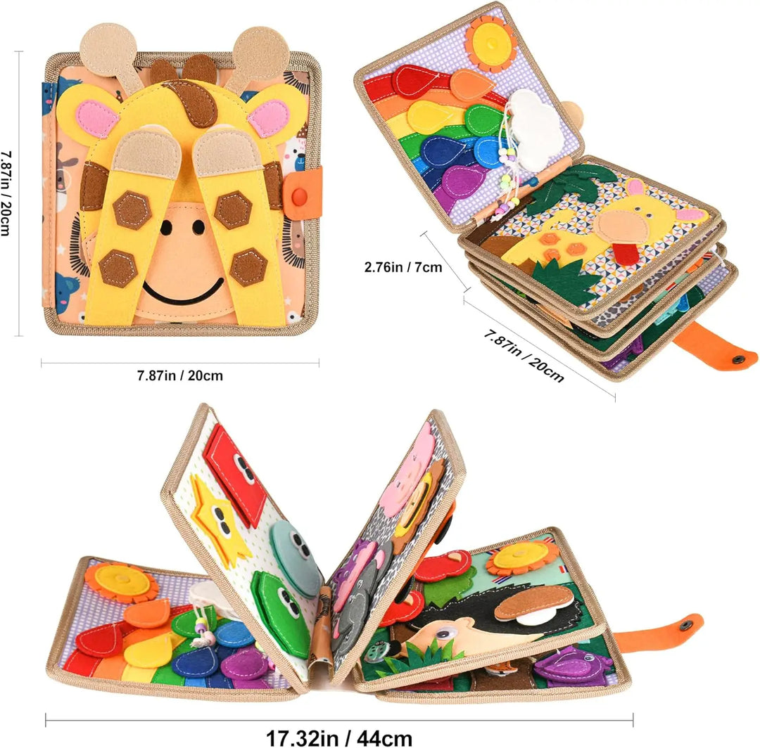 Giraffe felt book shown from the front, in three-quarter view and fully fanned open, with dimension labels in inches and centimeters.