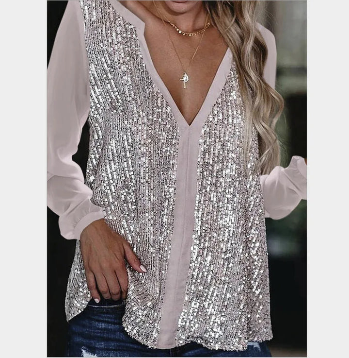 Damen Paillettenbluse, silber, V-Ausschnitt, lange Ärmel, festlich, elegant, modisch.