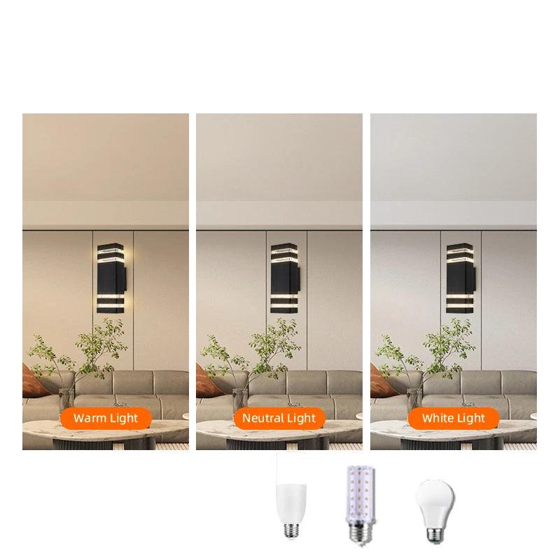 Black wall sconce detail with three lighting examples and bulb options shown below.