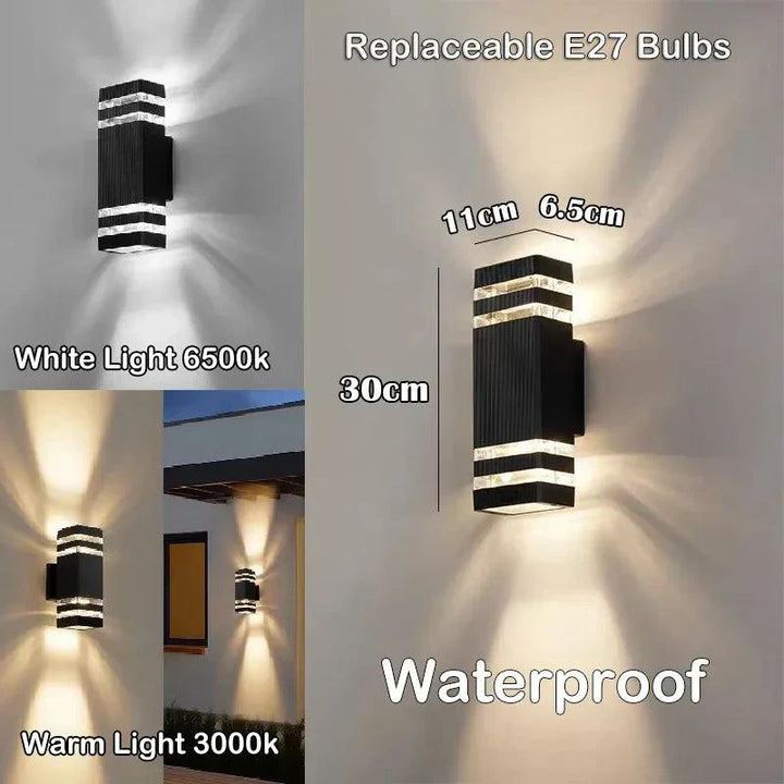 Tall black rectangular wall sconce detail with E27 bulb note and size markings.